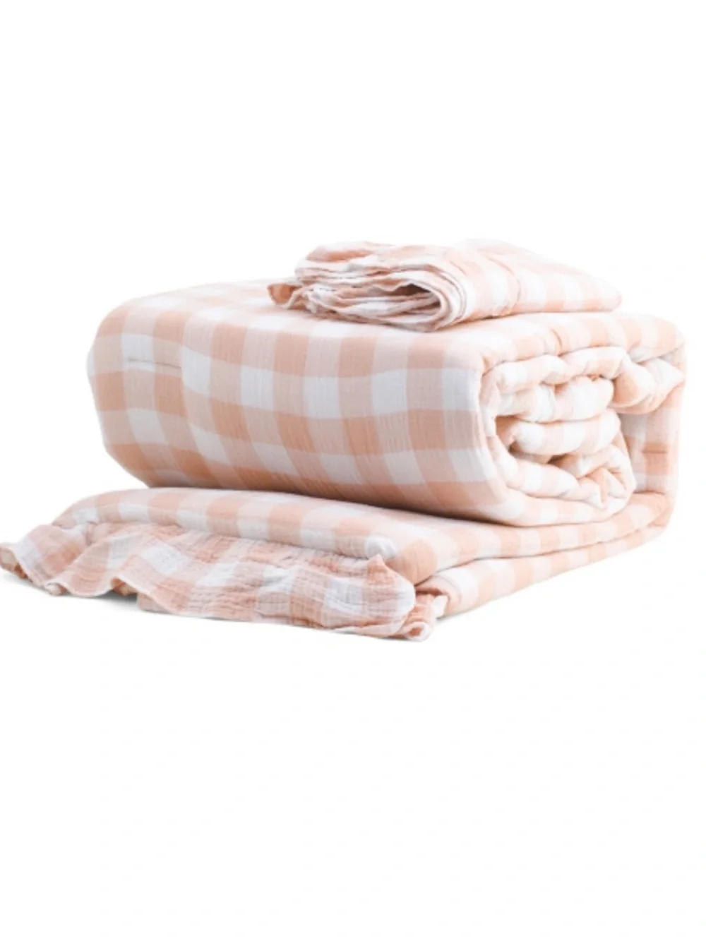 Magaschoni Gingham Ruffle Comforter Set in Dusty Pink and White